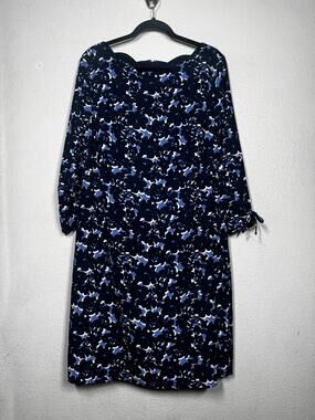 New Talbots Crepe Shift Dress Navy Blue Sz 16 Floral Scallop Neck